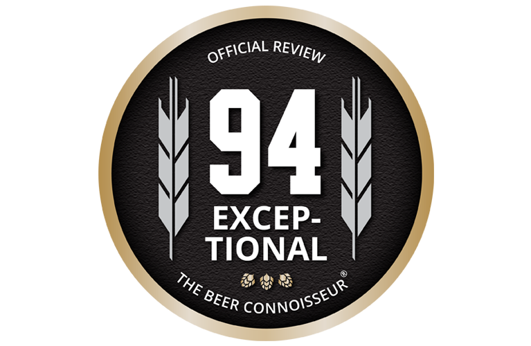 A round, black and gold medal bears the inscription: official review, 94 exceptional, the beer connoisseur.