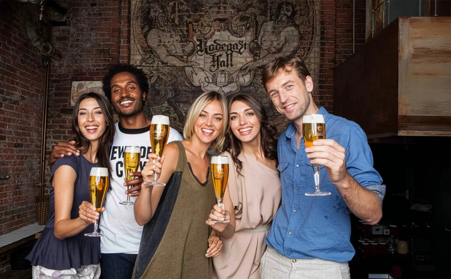 Five people are standing next to each other, smiling, each holding a Radeberger beer glass filled with beer in one hand.