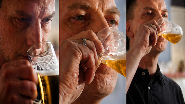 Three photos side by side: A man is holding a glass of beer, sniffing it, and taking a sip.