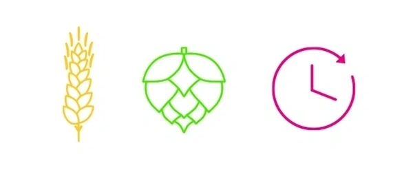 Illustrated images of barley, hops and a clock.