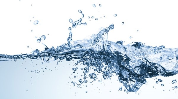 Clear blue water surface is broken by dynamic splashes.