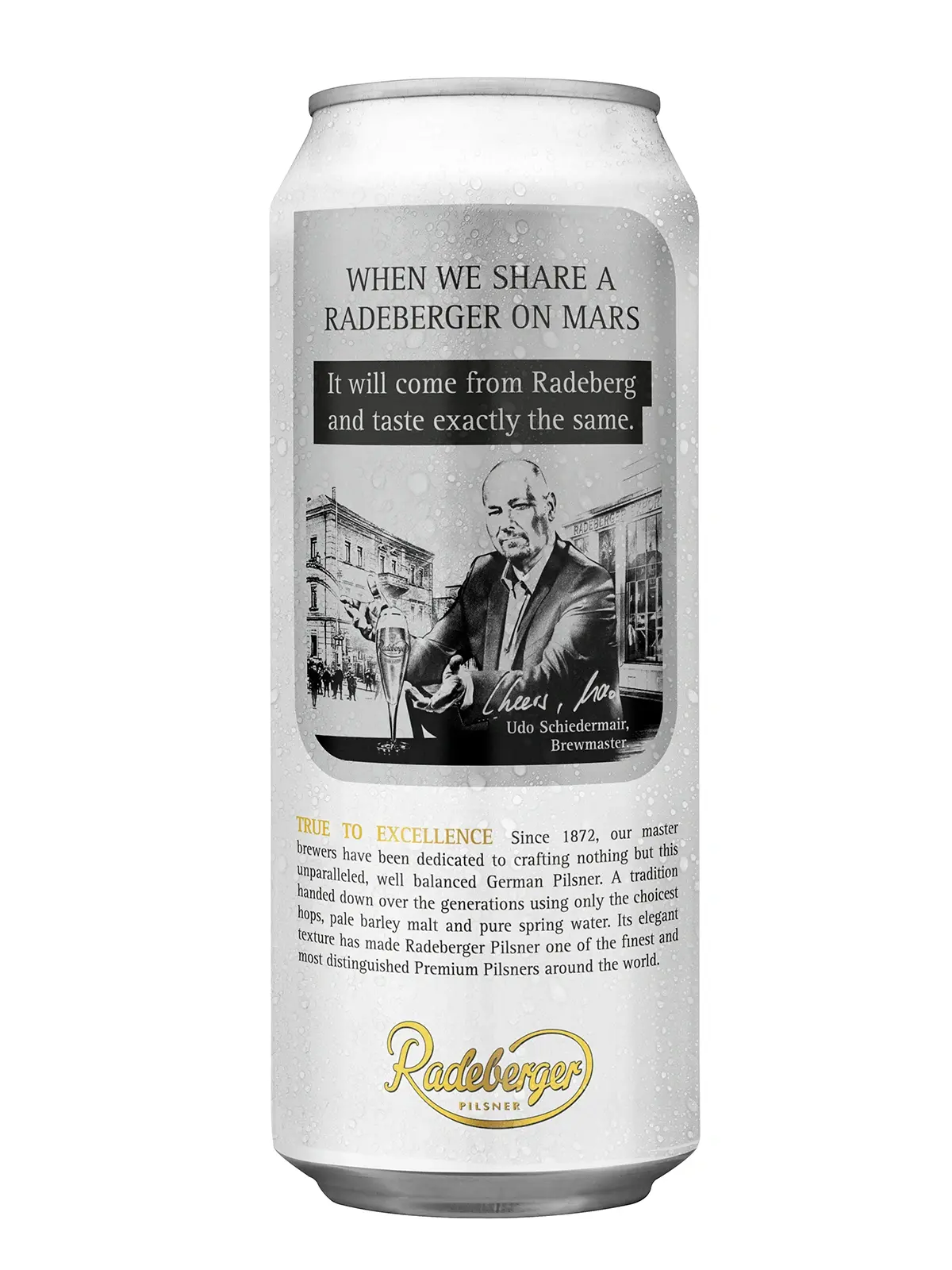 Radeberger beer can from the True to Excellence edition. With text and illustrated drawing of the Radeberger Pilsner brewery.