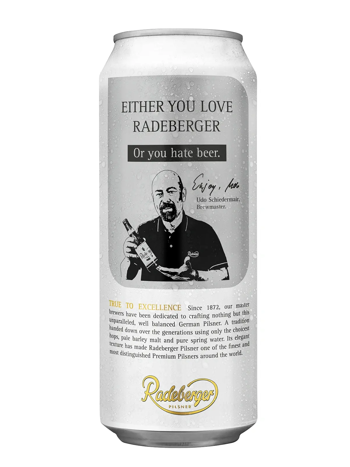 Radeberger beer can from the True to Excellence edition. With text and illustrated portrait of the brewmaster holding a beer bottle.