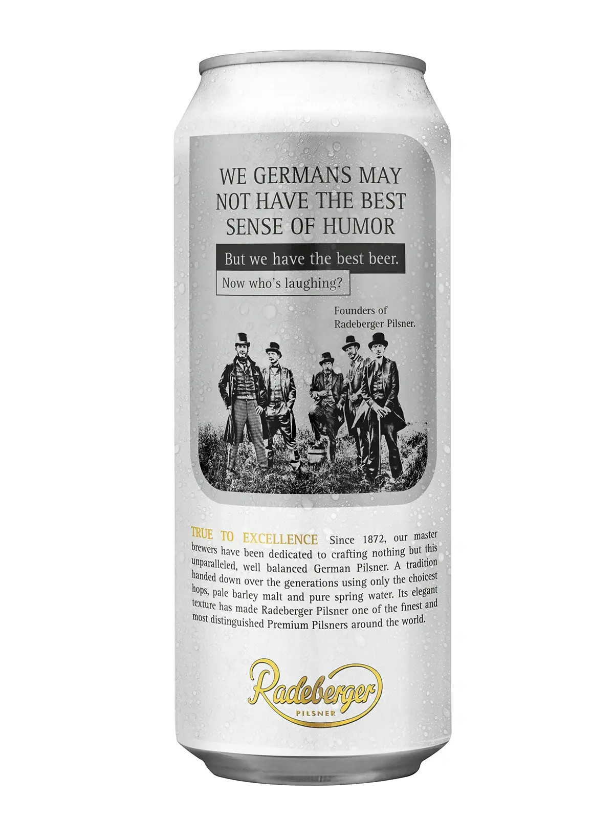 Radeberger beer can from the True to Excellence edition. With text and illustrated drawing of the five founders of Radeberger Pilsner.