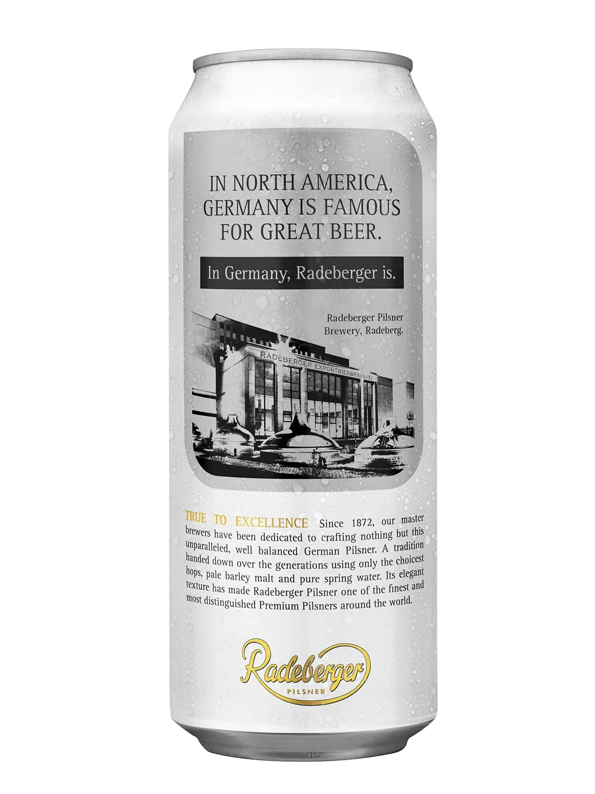 Radeberger beer can from the True to Excellence edition. With text and illustrated portrait of the brewmaster. A city in the background.